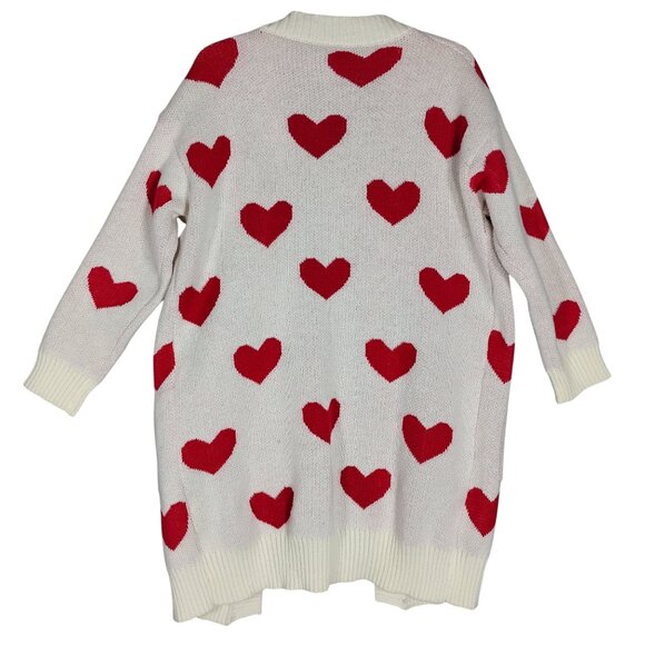 Beige Knitted Open Cardigan Red Hearts Pattern Long Sleeve 2 Front Patch Pockets - Picture 5 of 7